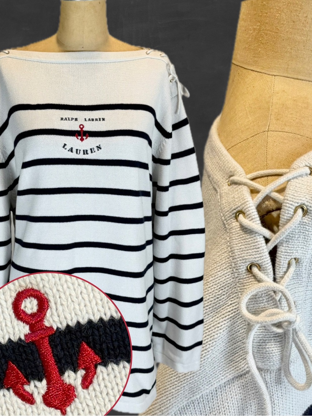 VINTAGE Ralph Lauren coastal nautical stripe sweater boat anchor lace up‎ cotton